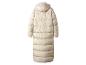 Langer beiger Daunenmantel mit Kapuze, Rückansicht