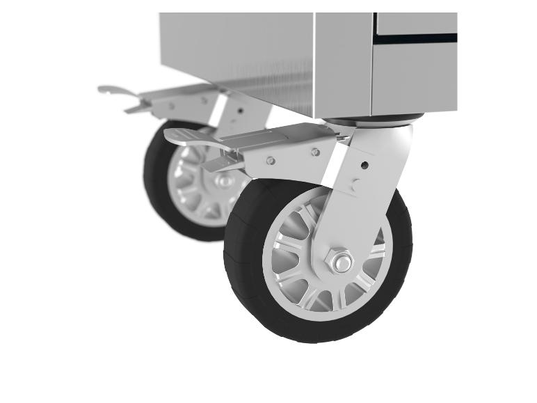 Lenkrollen mit Bremse für einen Servierwagen aus Edelstahl.