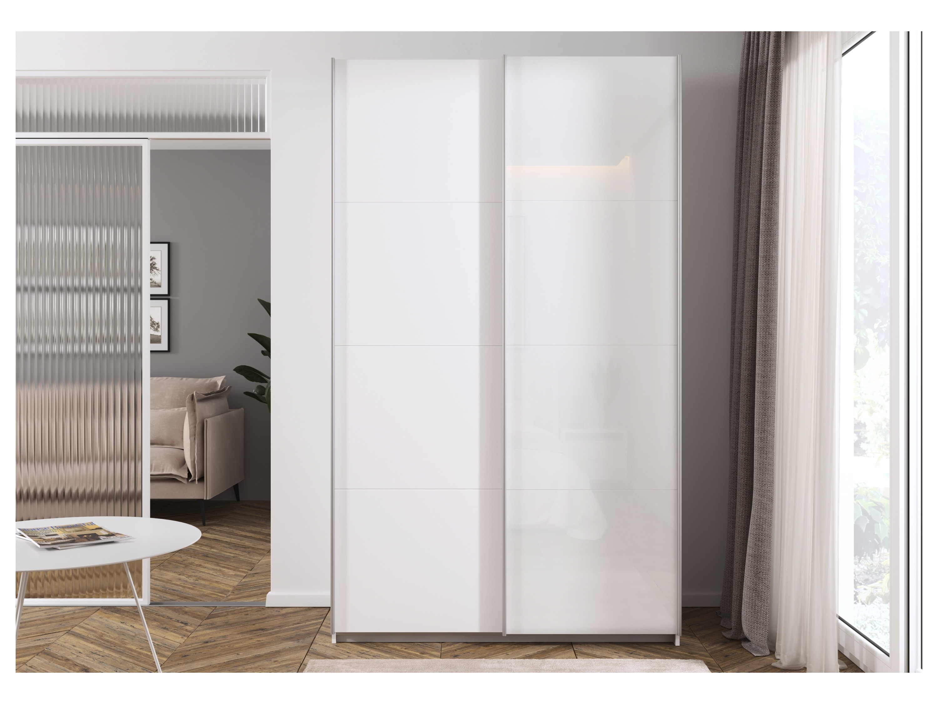 RAUCH ORANGE Quadra Schwebetürenschrank mit Glaselementen (premium-zubehör, Korpus:Weiß, Glas:Weiß, 136 x 230 cm) – Bild 2 von 4