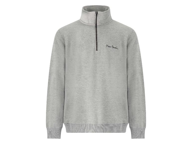Graues Sweatshirt mit Viertelreißverschluss und Stehkragen, mit gesticktem Logo auf der Brust.