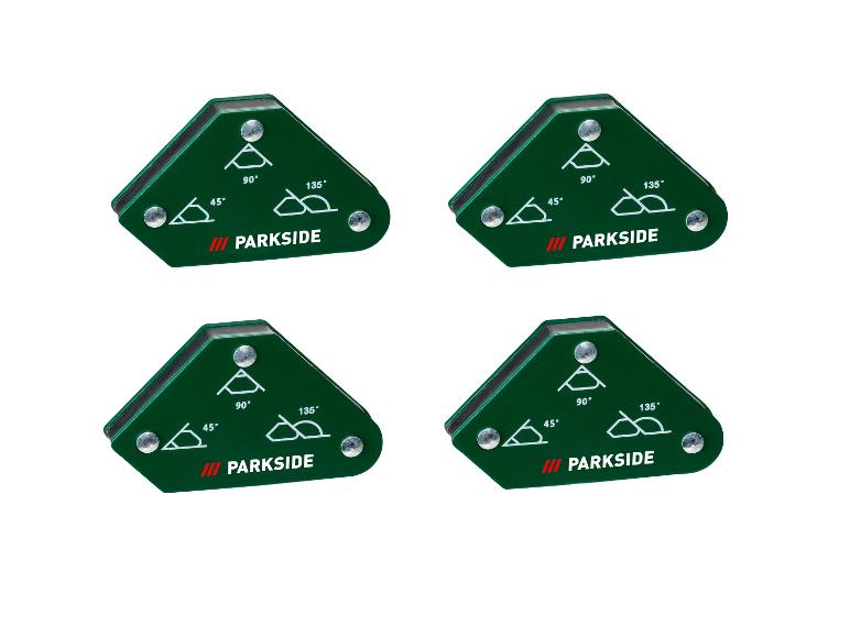 Vier grüne PARKSIDE Magnetschweißwinkel mit 45°, 90° und 135° Winkeln.