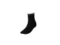 Schwarze Socke mit weißem Streifen am Bündchen auf schwarzem Hintergrund.