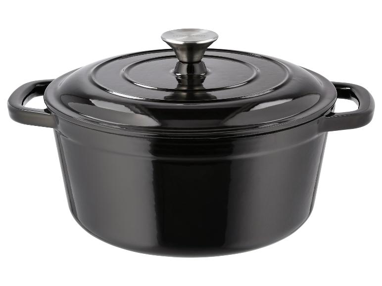 Schwarzer gusseiserner Topf von Silvercrest mit Deckel.