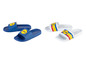 Blaue und weiße Lidl-Sandalen mit Lidl-Logo.