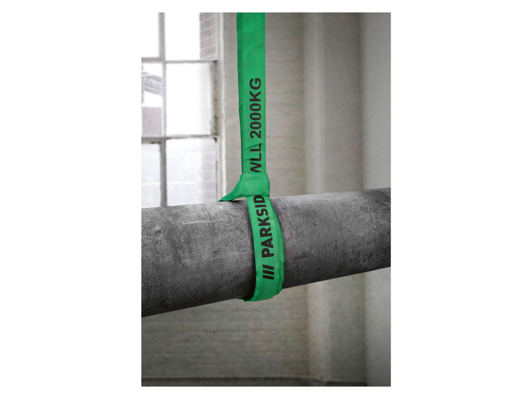 Ein grüner Parkside Hebegurt mit einer Tragfähigkeit von 2000 kg.