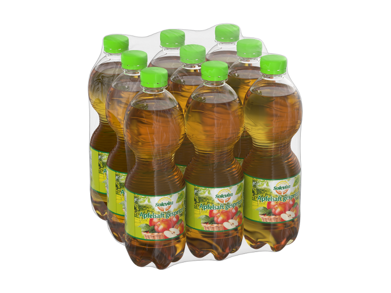 Eingeschweißte Packung mit 12 Apfelsaftflaschen mit „Apfelsaft gespritzt“-Etiketten.