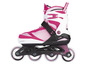 Ein rosa Inline-Skate mit schwarzen Rollen.