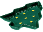 Grüne Servierplatte in Weihnachtsbaumform mit gelben Sternen.