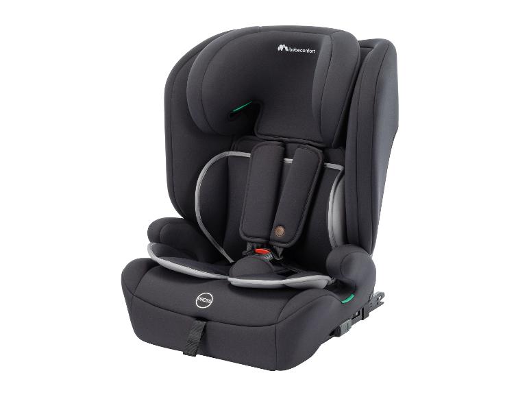 Schwarzer Kinderautositz mit Fünfpunktgurt und verstellbarer Kopfstütze.
