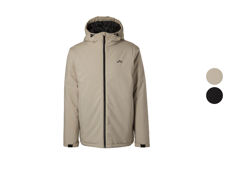 Beige Herrenjacke mit Kapuze und schwarzem Reißverschluss, mit zwei Farbvarianten.