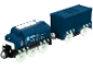 Blauer Spielzeugzug mit E-42 Lokomotive und Güterwagen, mit leuchtenden Rädern.
