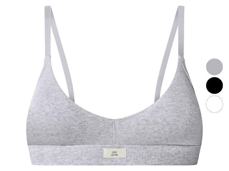 Grauer Damen-Sport-BH mit „LOVE COTTON“-Etikett und Farboptionen.