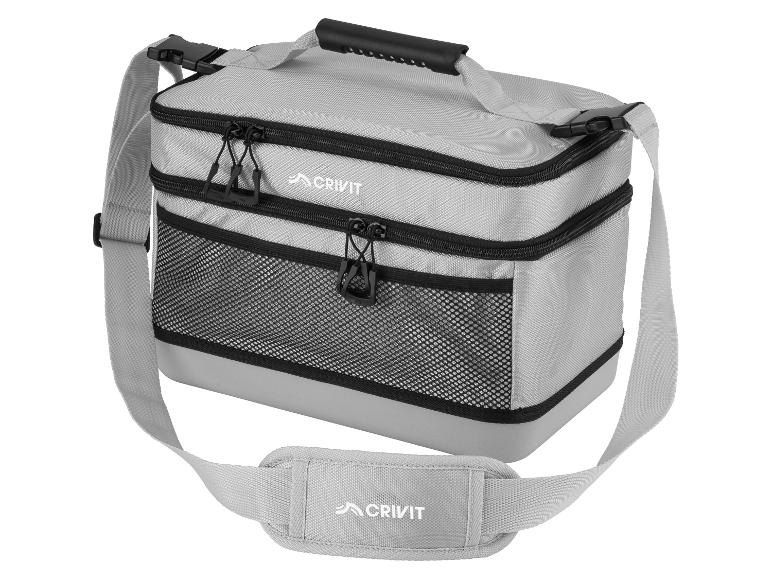 Graue Kühltasche mit zwei Fächern, Griff und Schultergurt.