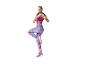 Frau in fuchsiafarbenem Sporttop und gemusterten Leggings, trainiert mit Pilatesring.