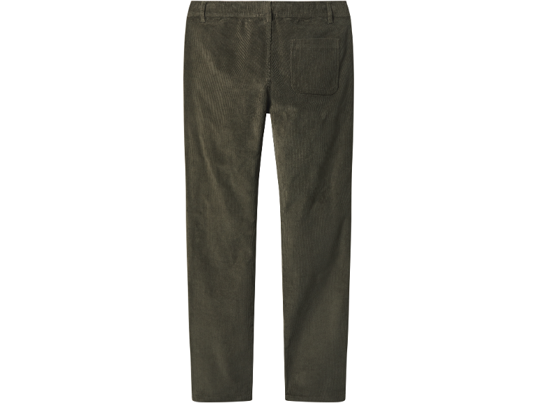 Rückansicht einer Herren-Cordhose in Olivgrün mit Gesäßtasche.