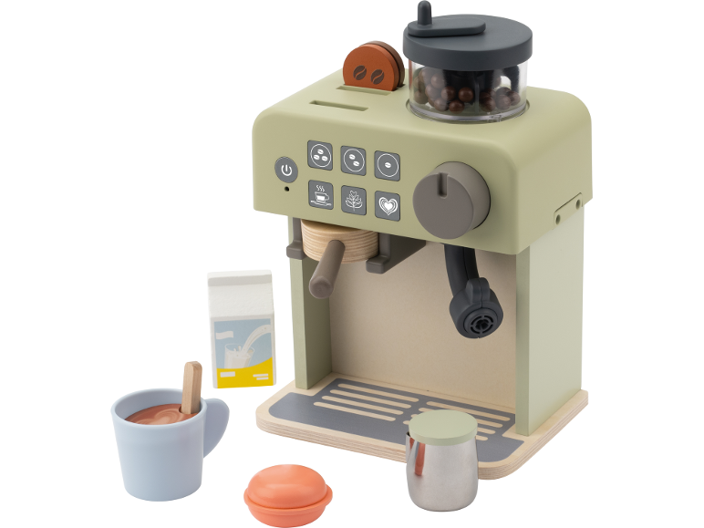 Grüne Holzkaffeemaschine als Spielzeug mit Zubehör, Tasse und Milch.