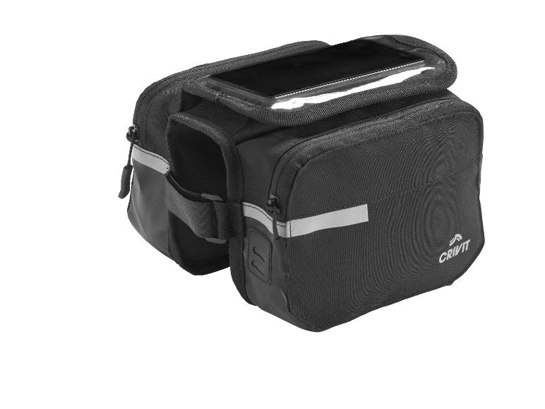 Schwarze Fahrradtasche mit einem transparenten Fach für ein Telefon, von der Marke Crivit.