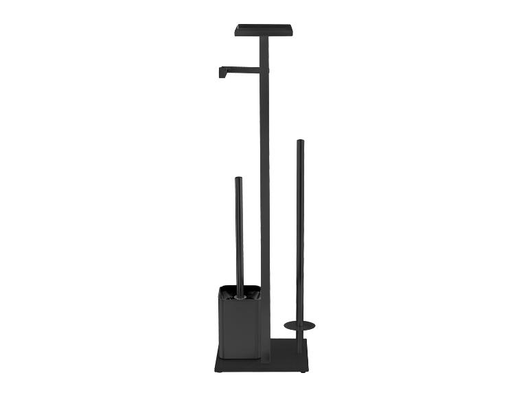 Schwarzer Metallhalter für Toilettenpapier, Bürste und Ersatzrollen.