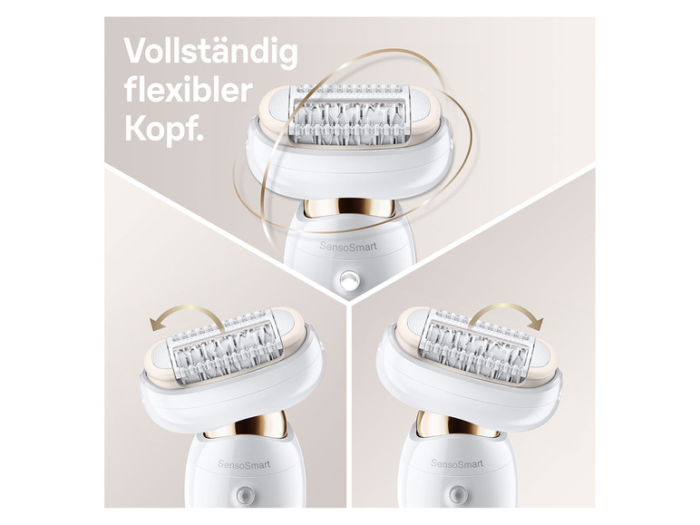 Ein weißer Epilierer mit flexiblem Kopf und dem Logo 'SensoSmart'