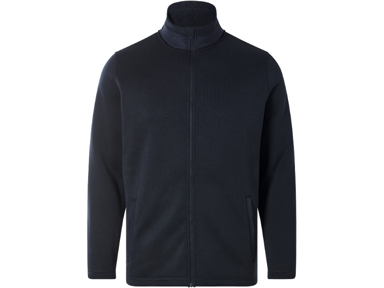 Dunkelblaues Sweatshirt mit Reißverschluss, Stehkragen und Taschen.