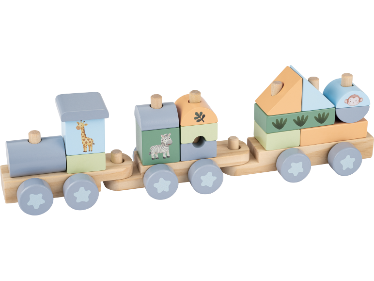 Holzeisenbahn mit Savannen-Bausteinen, darunter Giraffe, Zebra und Affe.