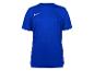 Blaues Sport-T-Shirt mit kurzen Ärmeln und weißem Logo auf der Brust.