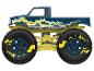 Blauer Monstertruck mit gelben Details und großen Reifen.