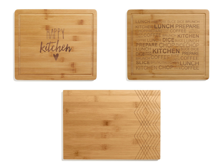 Drei Holz-Schneidebretter mit unterschiedlichen Designs.