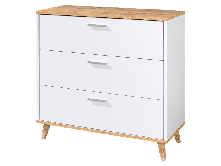 Weiße Kommode mit drei Schubladen und Holzplatte und -beinen