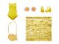 Gelber Badeanzug, Sonnenbrille, Sandalen und eine goldene Fisch-Handtasche.
