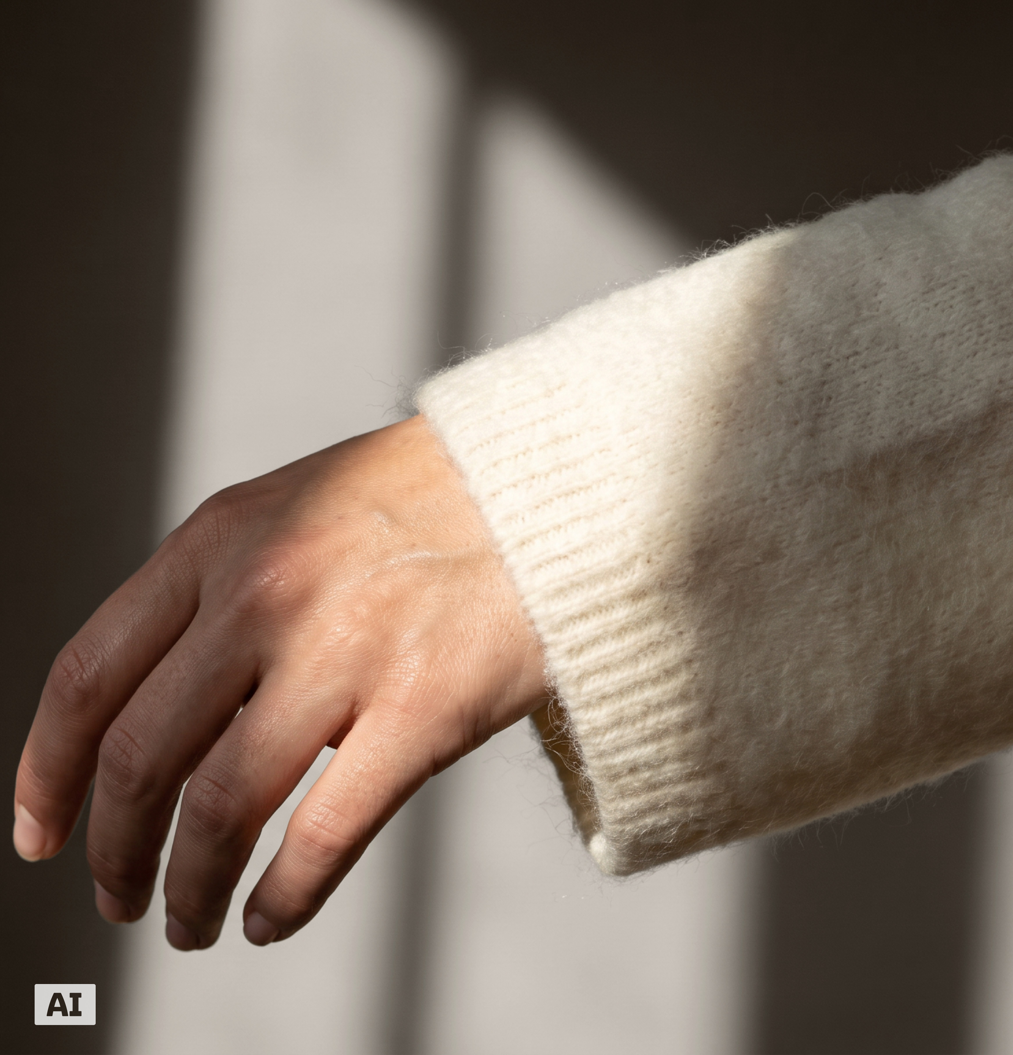 Dieses Bild ist KI-generiert: Ein weibliches Model trägt das 3-teilige Set in der Farbe Beige.