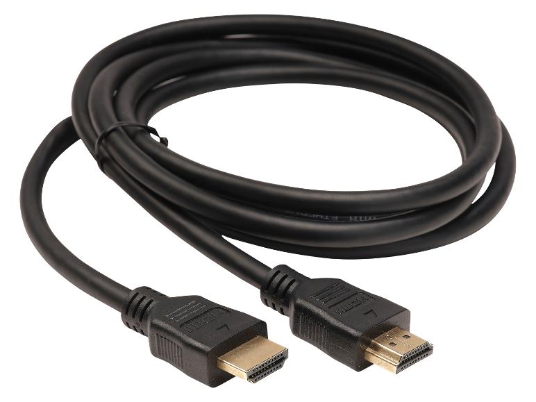 Schwarzes aufgerolltes HDMI-Kabel mit vergoldeten Anschlüssen