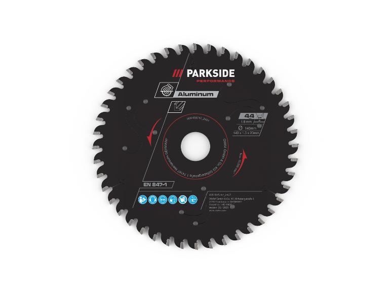 Parkside Performance Kreissägeblatt für Aluminium mit technischen Spezifikationen.