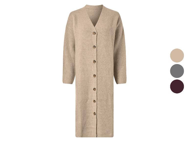 Langer beiger Strickcardigan mit Knöpfen und Farboptionen.