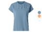 Blaues Damen-T-Shirt mit gestickten Details an Schultern und Ärmeln.