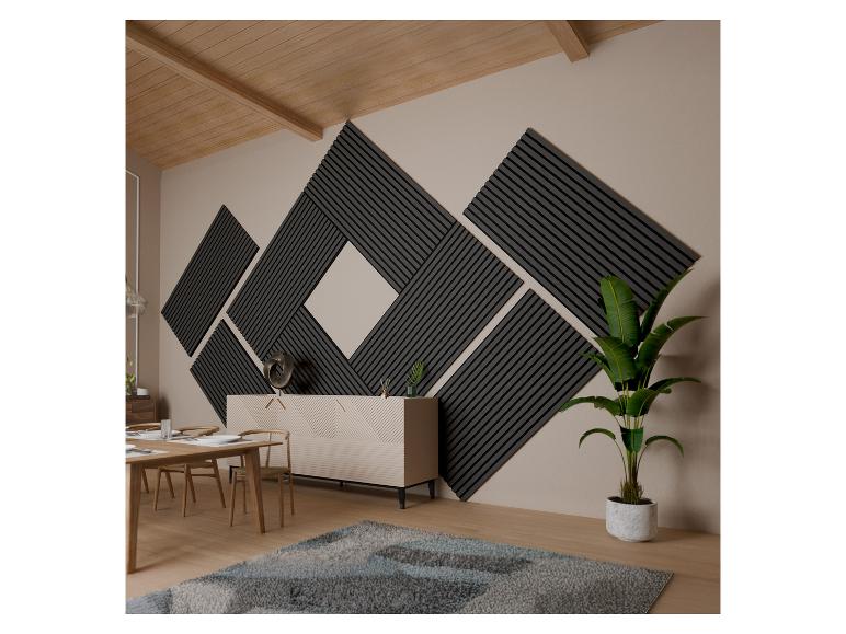 Moderne Esszimmermöbel mit geometrischer Designwandverkleidung.