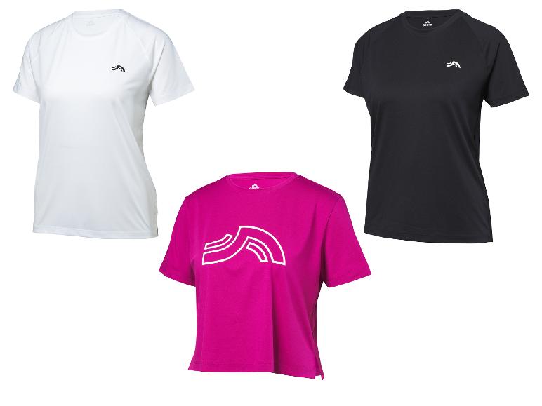 Drei Crivit Sport-T-Shirts in Weiß, Schwarz und Fuchsia.