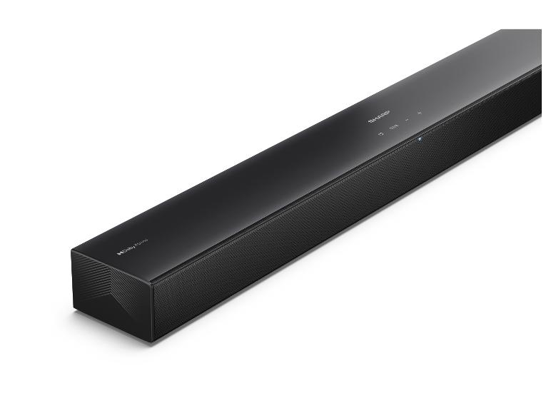 Schwarze Soundbar mit Bedienfeld und Dolby Atmos Logo