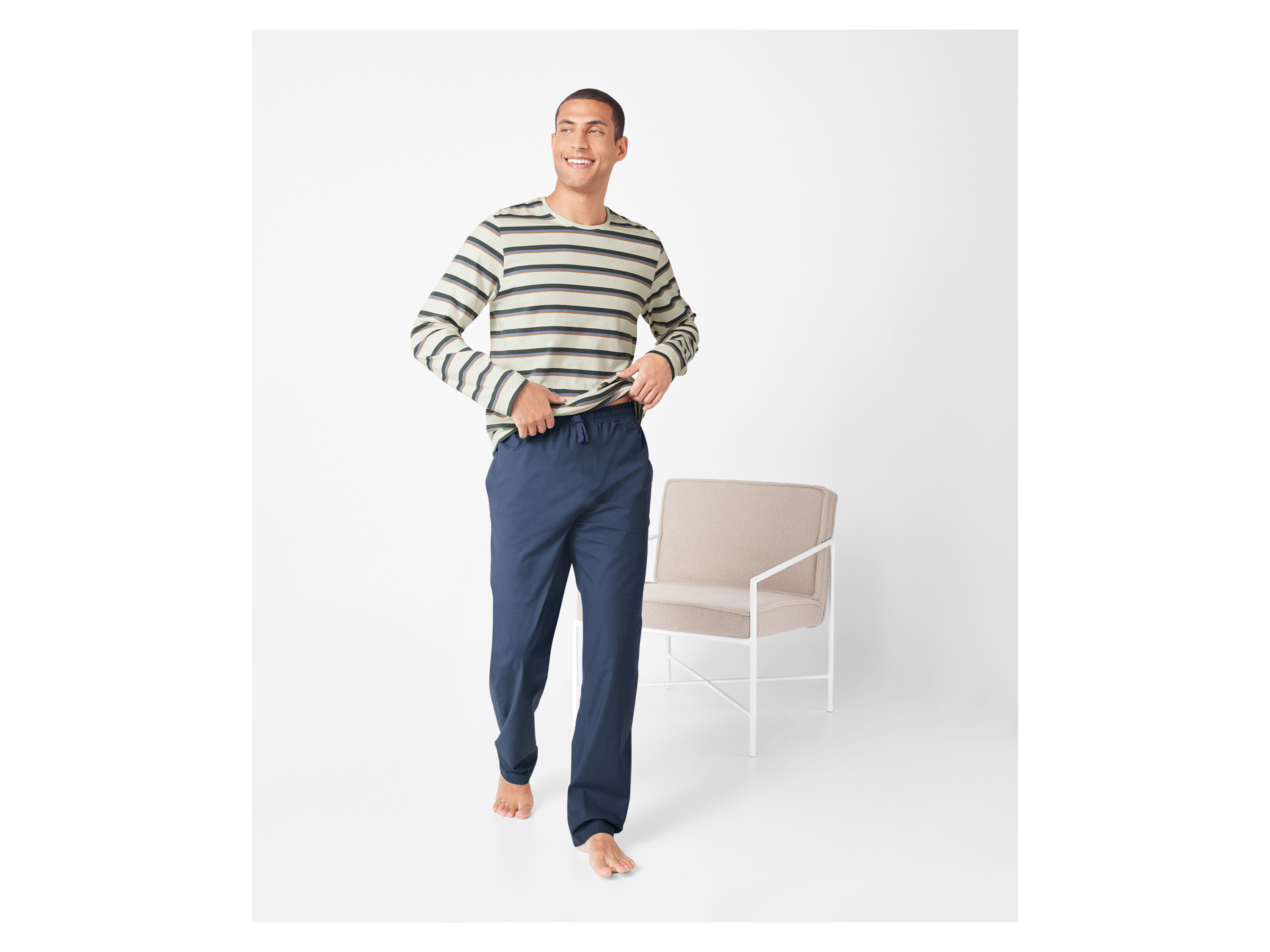 ESMARA MEN Herren Pyjama (Streifen/weiß/navy, S (44/46)) – Bild 2 von 4