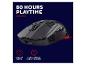 Schwarze Gaming-Maus mit 80 Stunden Spielzeit, Ein-/Ausschalter und USB-C Ladekabel.