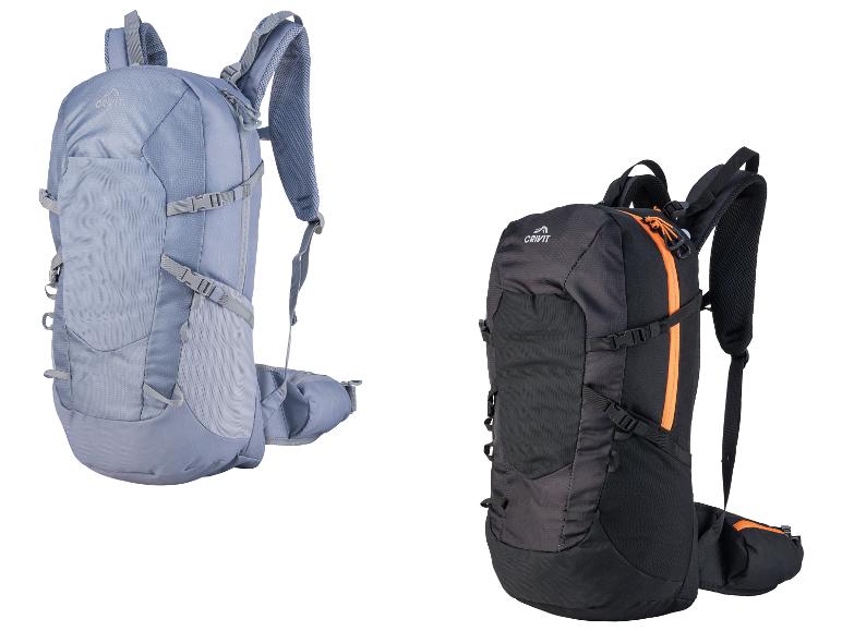 Zwei Crivit Rucksäcke, einer graublau und einer schwarz mit orangefarbenen Akzenten.