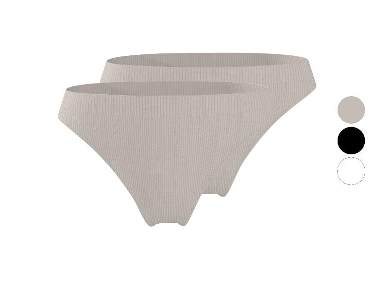 Zweierpack gerippte Baumwollslips für Damen in Beige, mit schwarzen und weißen Farboptionen.