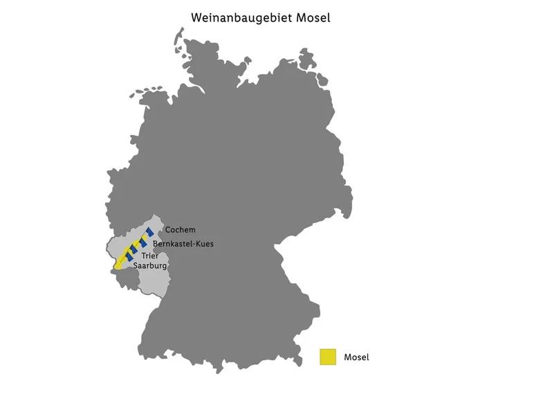 Karte des Weinanbaugebiets Mosel in Germanland, mit den Städten Cochem, Bernkastel-Kues, Trier und Saarburg.