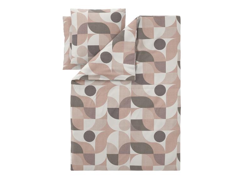 Bettbezug- und Kissenbezug-Set mit geometrischem Muster aus Kreisen und Quadraten in Beige- und Grautönen.