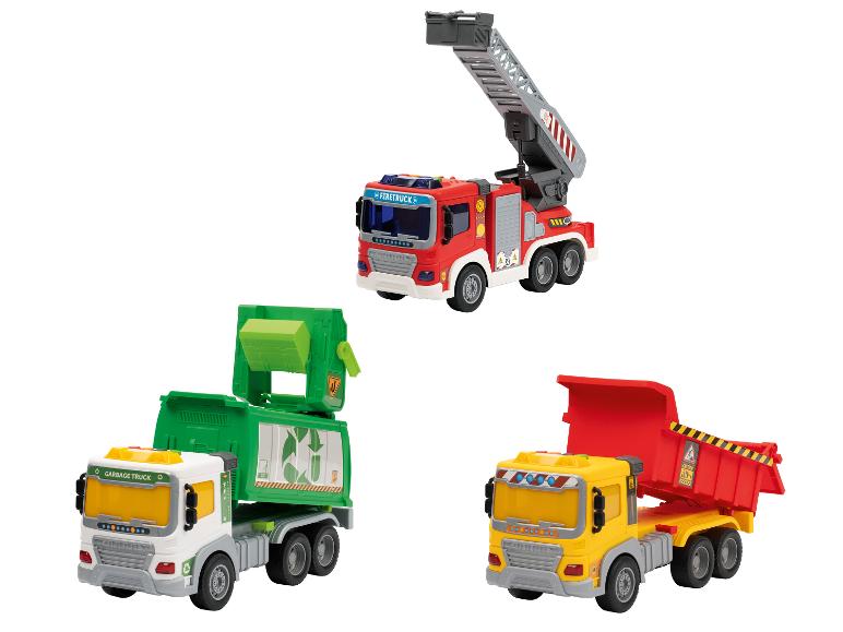 LUPILU® Fahrzeuge mit Licht und Sound: Feuerwehr, Müllwagen und Kipper.