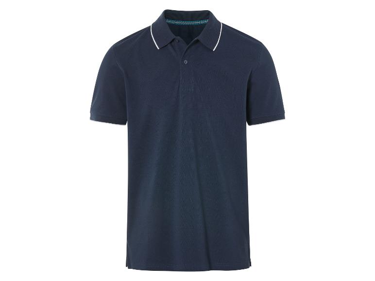 Marineblaues Poloshirt mit kontrastierenden Kragen.