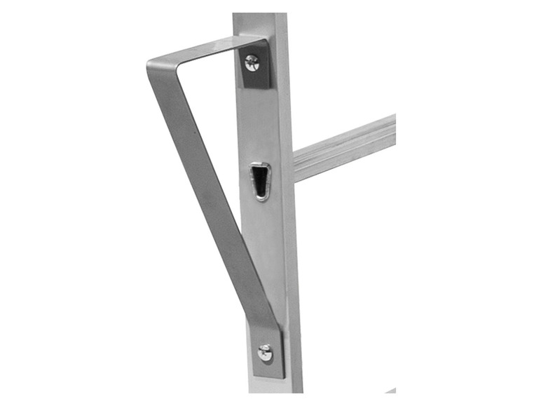 Eine Aluminiumleiter mit einer Metallhalterung.