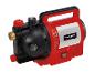 Rote und schwarze Wasserpumpe mit Griff und Netzschalter.