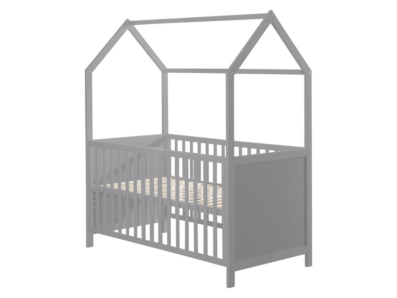 Ein graues Holz-Kinderbett mit einem Dach in Hausform.