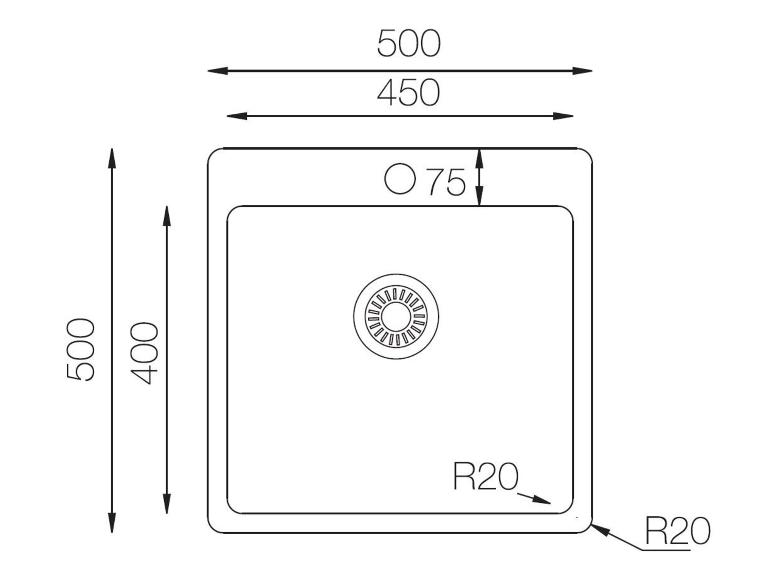 Technische Zeichnung einer Spüle mit Abmessungen von 500x500 mm und Becken von 450x400 mm.